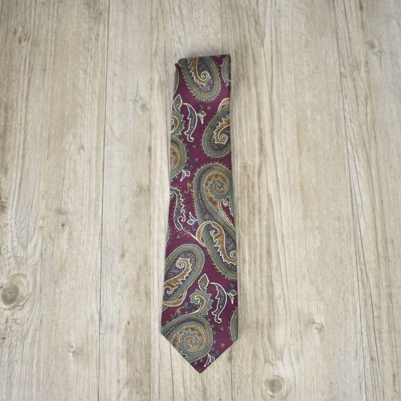 Academia Old Money Designer Christian Dior Cranberry & Green Paisley Silk Tie - Picture 5 of 7